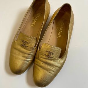 Chanel metallic gold goat skin loafer 38